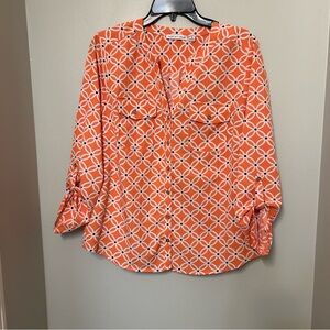 Notations Orange Peach White and Black Button Up Blouse with Roll up Sleeves M
